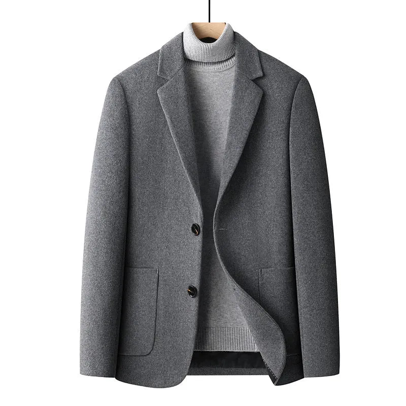 Men's slim fit wool suit jacket in gray, featuring a non-iron fabric and polyester lining for autumn and winter.