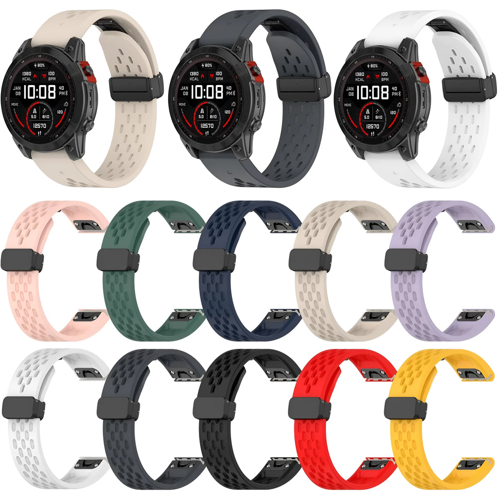 Quick release watch strap for Fenix8 and Fenix7pro watches with screwdriver tool, shown in multiple colour options.