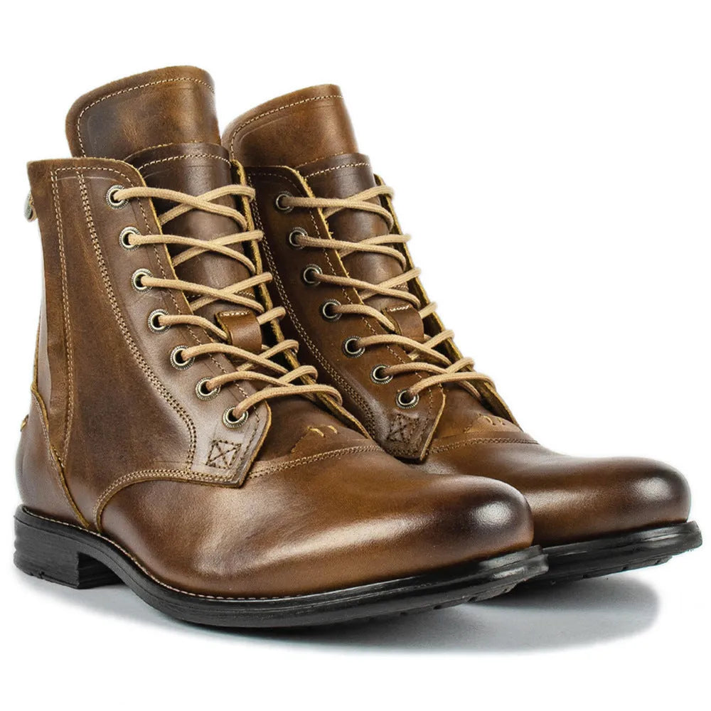 Knight Series men's black leather side zip ankle boots on a plain background.