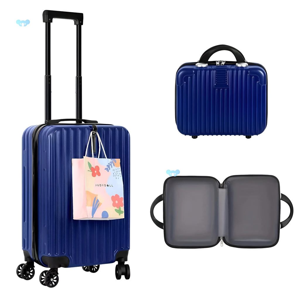 Aluminium alloy travel luggage set showing 14-inch and 20-inch suitcases with included towel