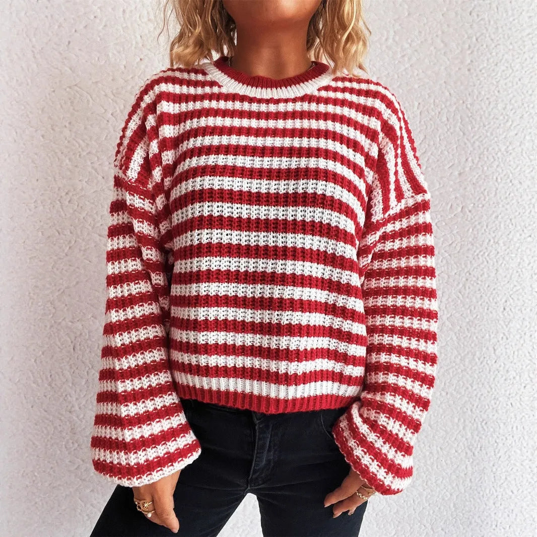 Women's striped loose fit pullover sweater in black, red, khaki, or green