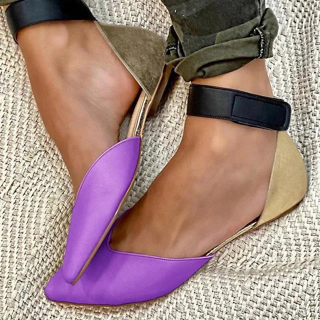 Women's velcro fasten hollowed sandals in beige with flat heel