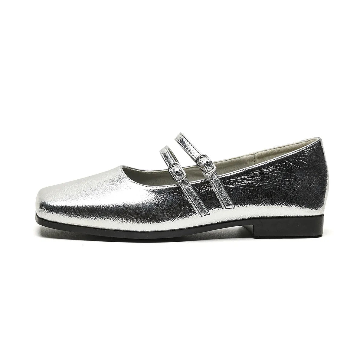 Women's silver leather ballet flats with cross buckle strap and round toe