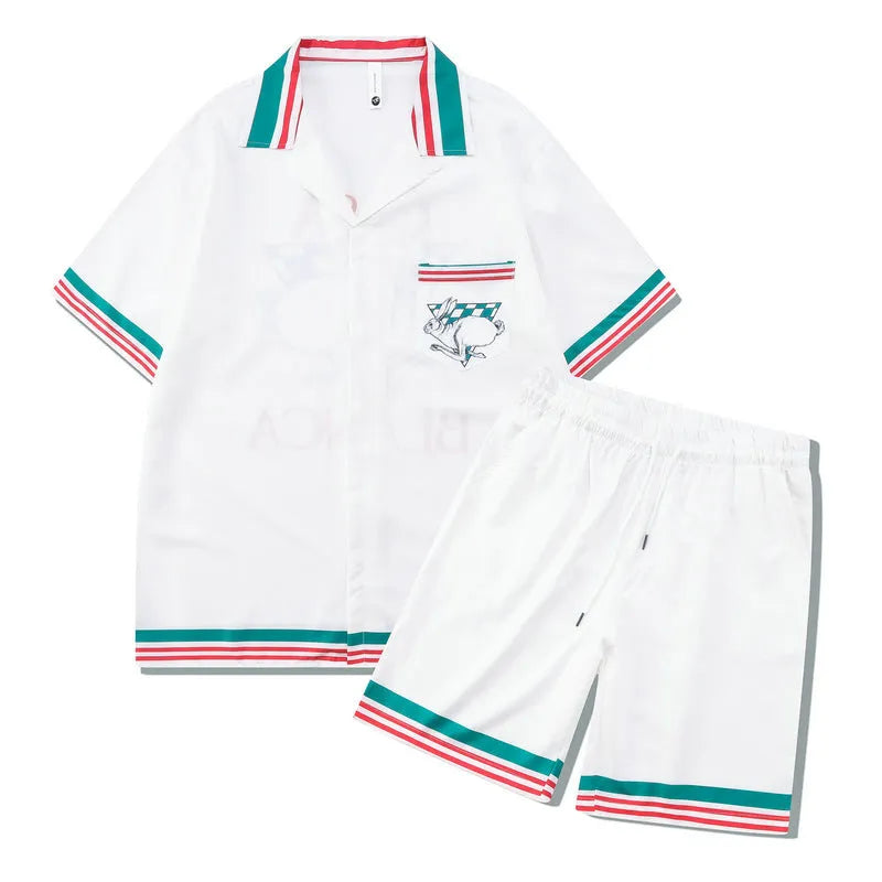 Men's plaid print polyester beach shirt and matching trousers casual outfit set.
