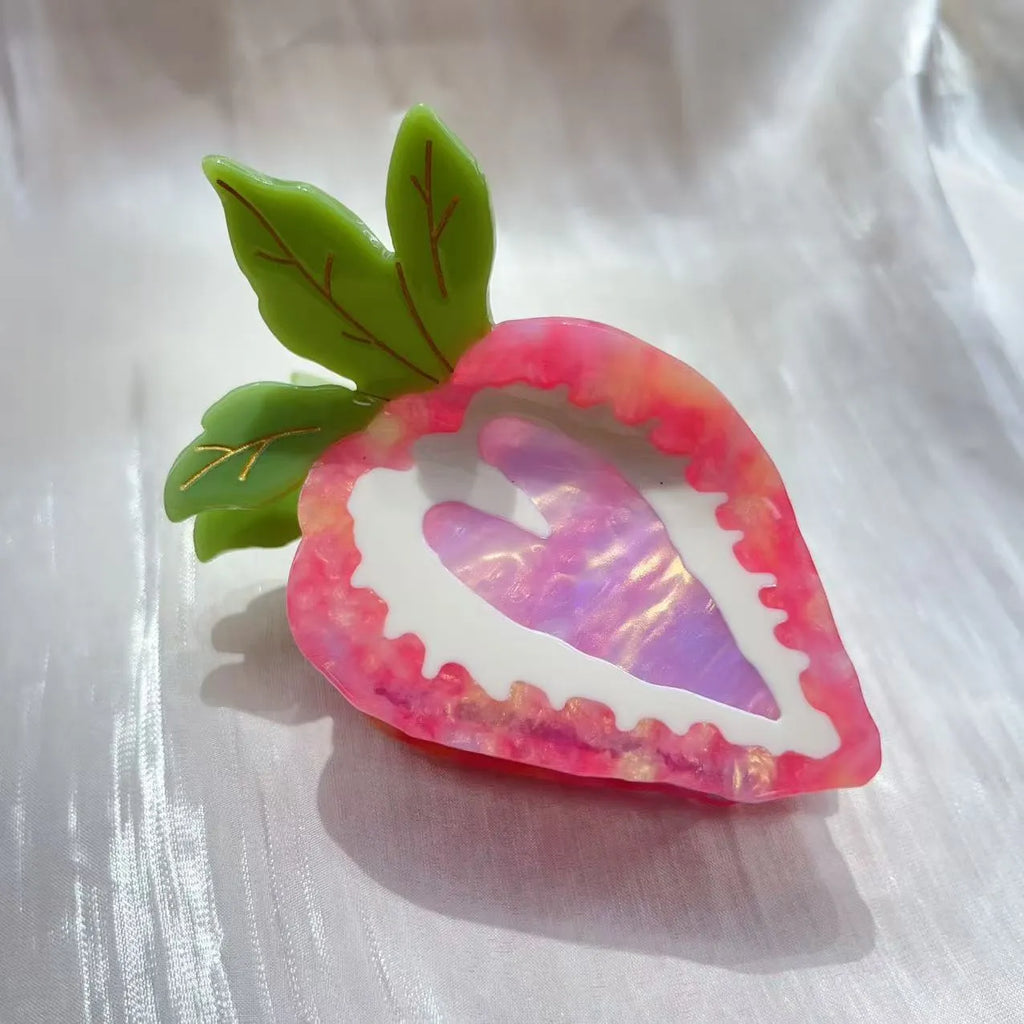 Handmade red and pink strawberry fruit hairpin for girls, a pastoral style decorative hair clip.