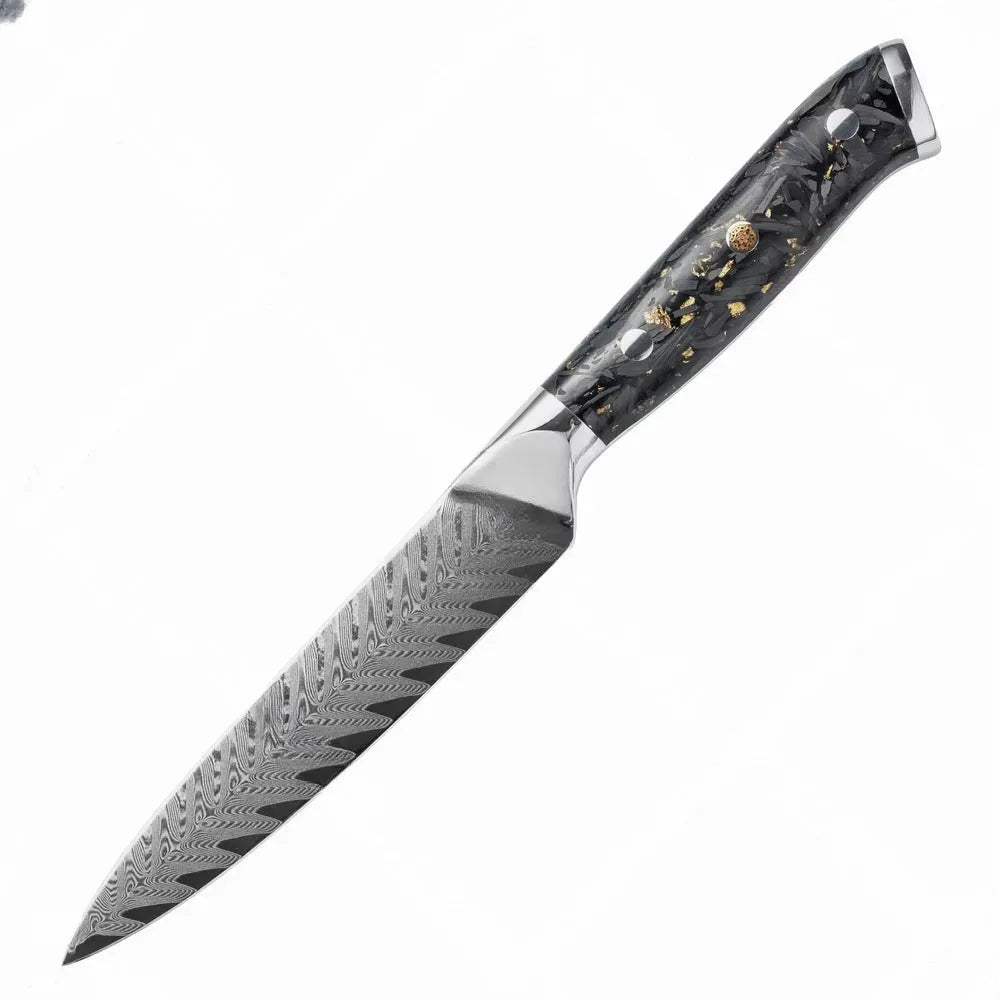 Damascus steel eight-piece kitchen knife set showing fishbone pattern blades and modern handles.