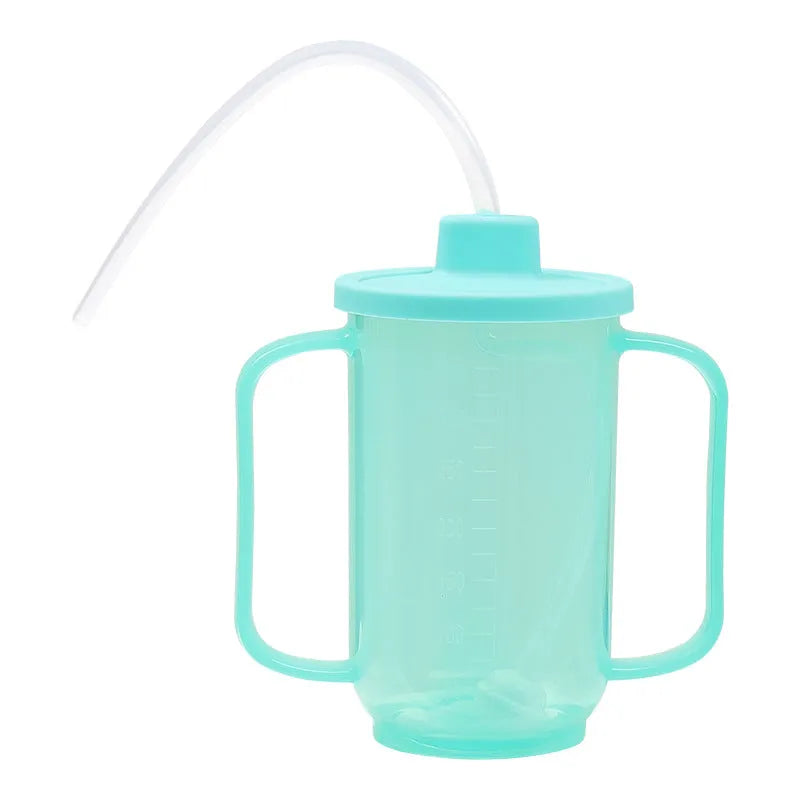 Oblique mouth bedside drinking cup with handle and optional wrist splint for elderly and pregnant users