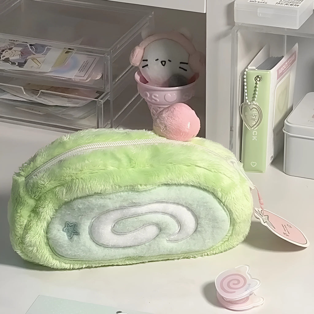 Honeydew roll plush velvet pencil case in Swiss roll cake design with Korean style