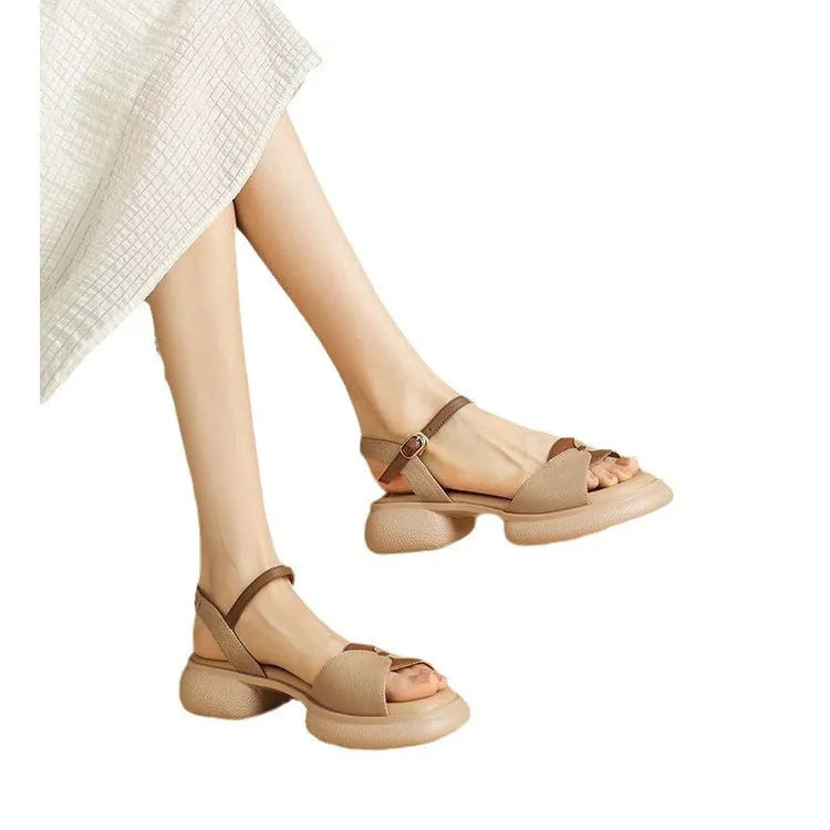 Women's beige chunky heel platform sandals with open toe and renewable leather upper