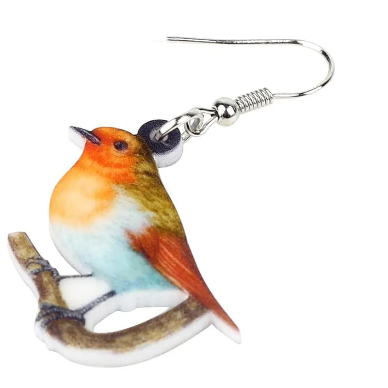 Blue titmouse acrylic pendant earrings with geometric animal zodiac and snake design elements