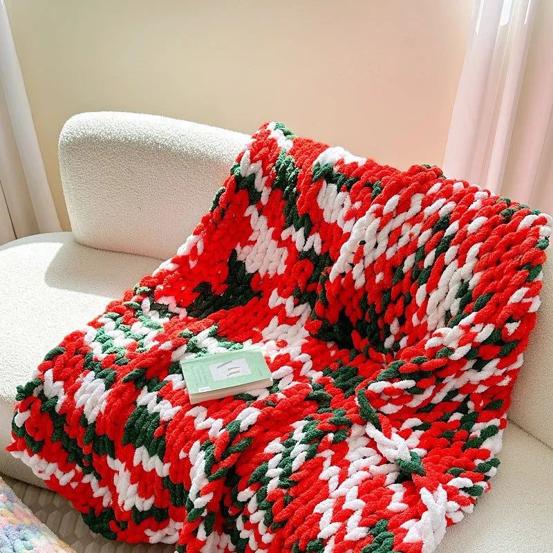 Handmade thick chenille cover blanket with striped pattern in caramel mango colour, size 130x170cm.