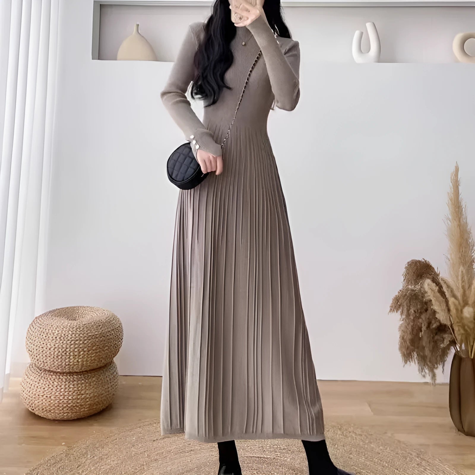 Women's beige knit A-line mid-length skirt with high waist trimming, shown front view.