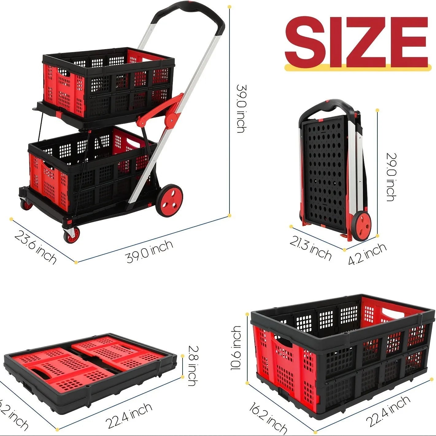 Foldable shopping cart with two blue plastic baskets on a wheeled frame.