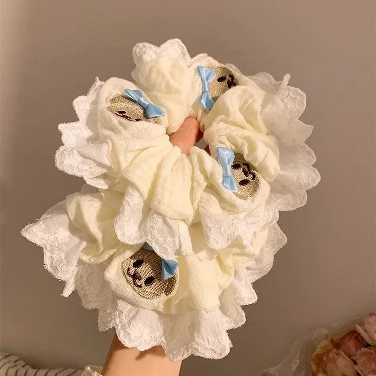 Blue bow bear design elastic cloth hair ring for ponytails