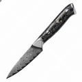 Damascus steel eight-piece kitchen knife set showing fishbone pattern blades and modern handles.
