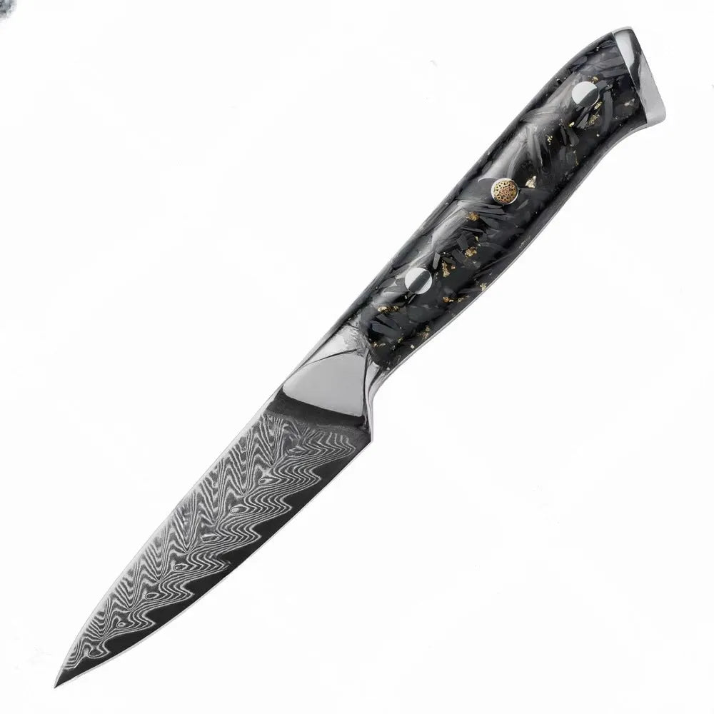 Damascus steel eight-piece kitchen knife set showing fishbone pattern blades and modern handles.