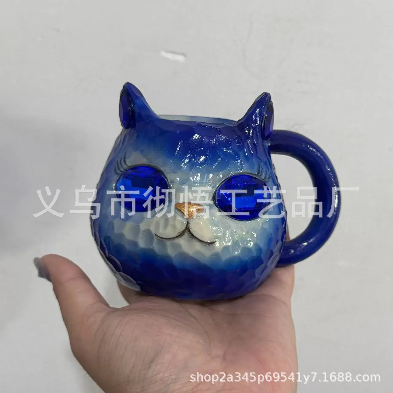 Handcrafted American style resin decorative cat cup ornament in purple, green, blue, or pink colour
