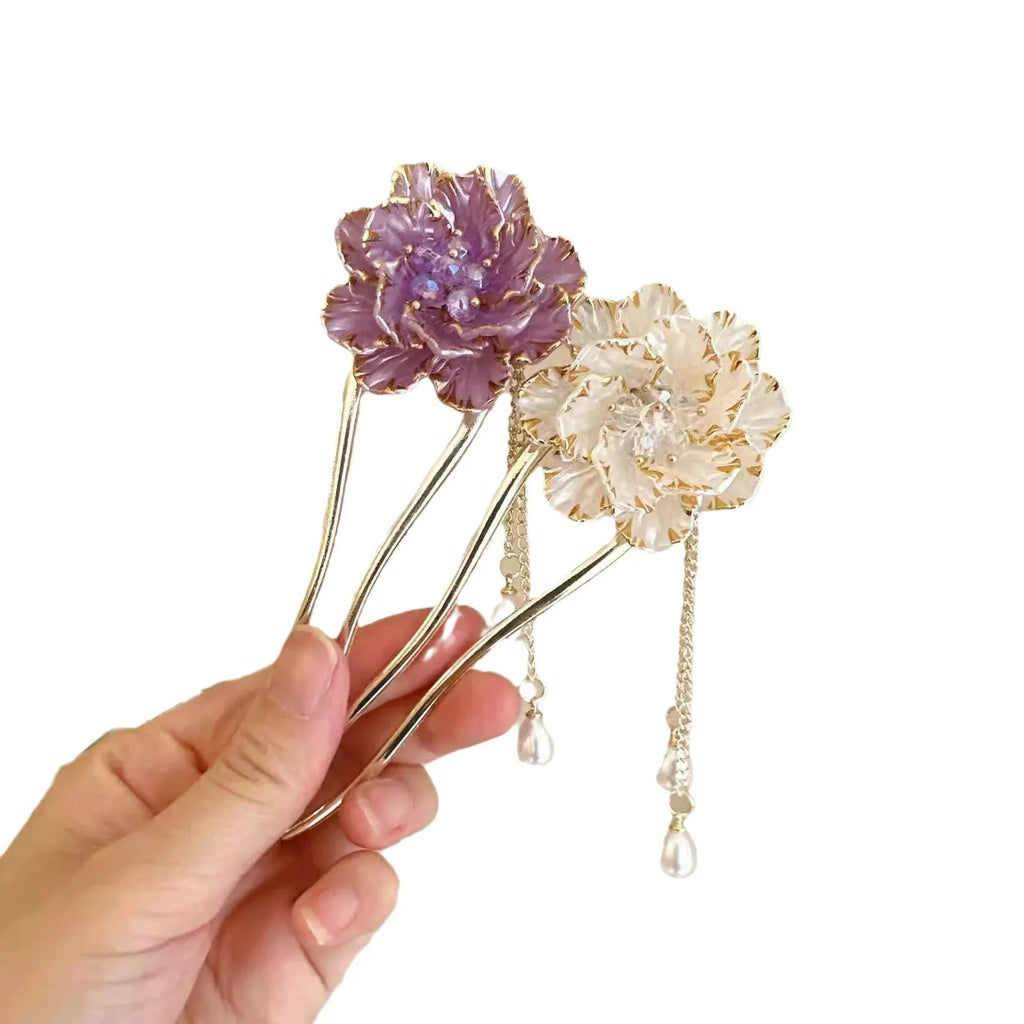 Purple and white peony flower U-shaped hairpin barrette with tassel detail on alloy base.