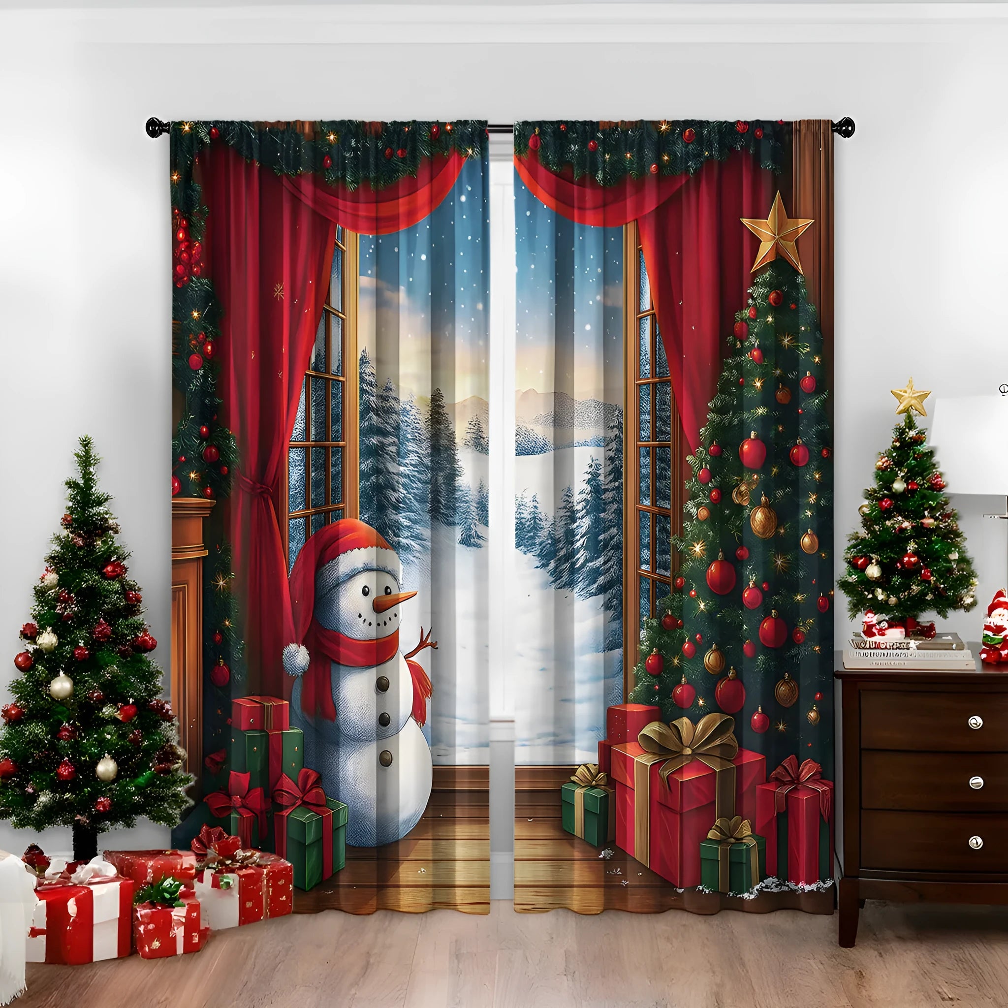 3D digital printed Christmas curtain in a modern European style, showing festive pattern and fabric texture.