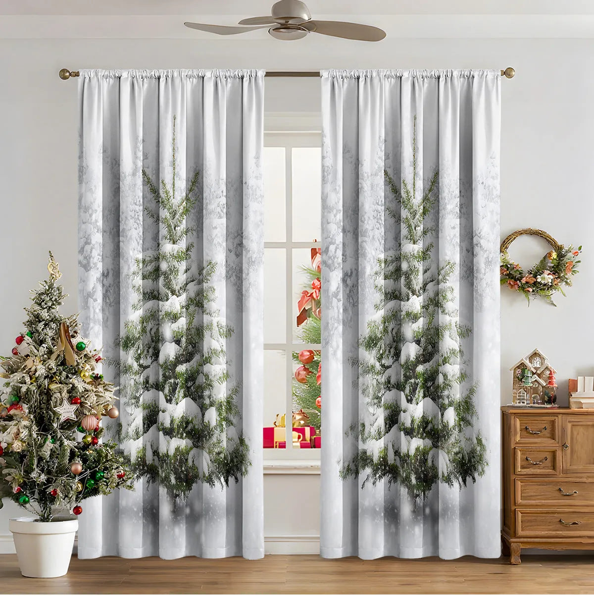 3D digital printed Christmas curtain in a modern European style, showing festive pattern and fabric texture.