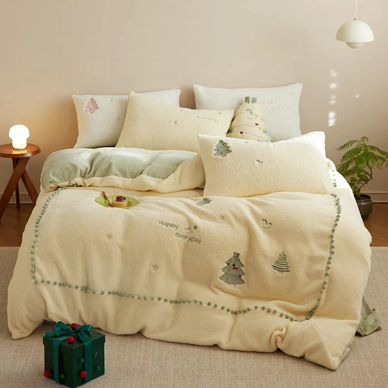 Winter milk fibre four-piece princess bedding set with green or pink Christmas tree reactive print design