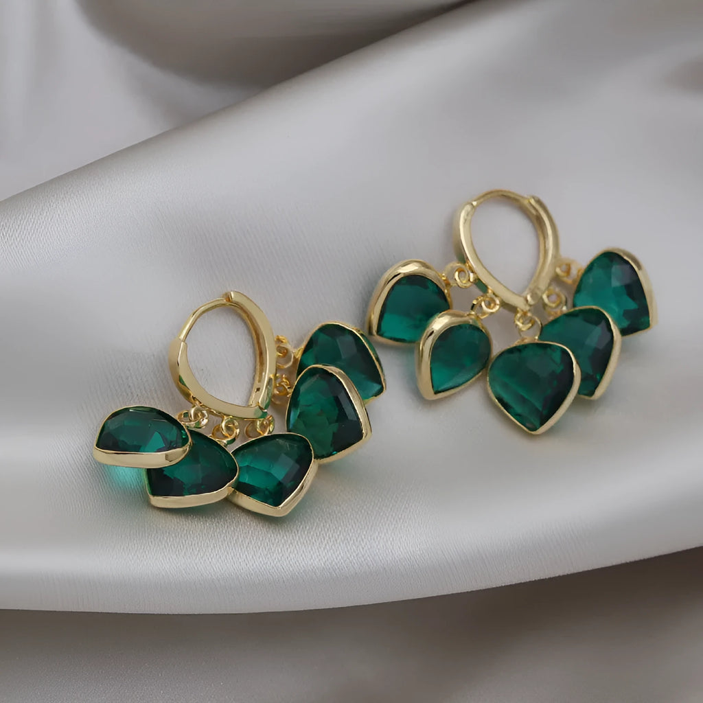 Green heart-shaped glass ear clip earrings with Korean style design and alloy accents