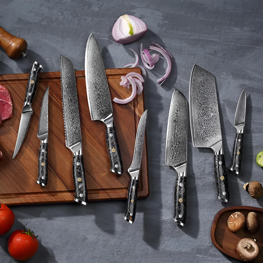 Damascus steel eight-piece kitchen knife set showing fishbone pattern blades and modern handles.