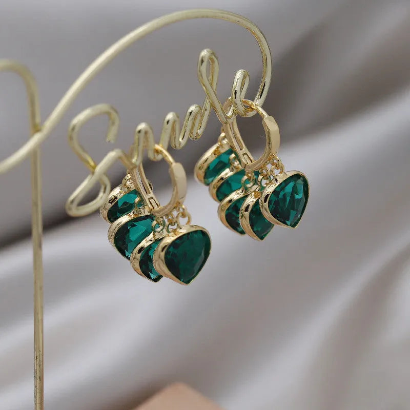 Green heart-shaped glass ear clip earrings with Korean style design and alloy accents