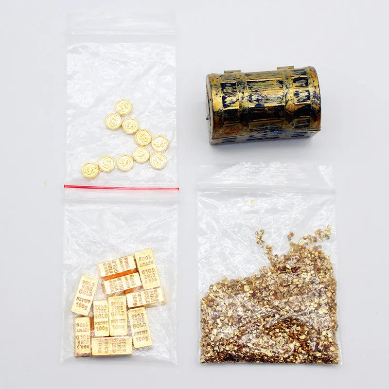 Miniature alloy gold coin treasure box doll house accessories with gold bars and ingots