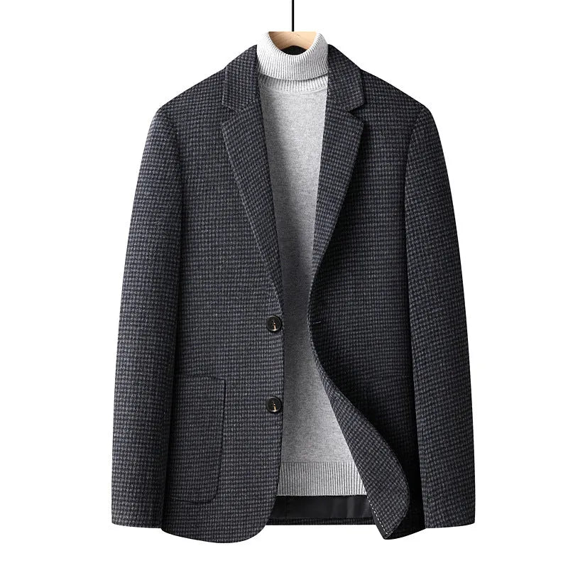 Men's slim fit wool suit jacket in gray, featuring a non-iron fabric and polyester lining for autumn and winter.