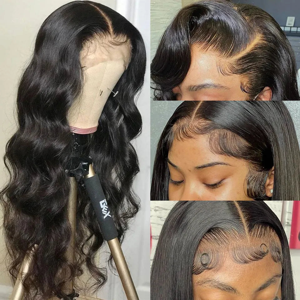 Black synthetic front lace wig with long curly hair and side-swept bangs