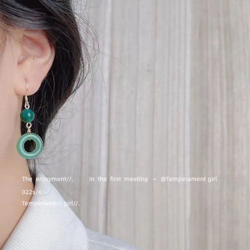 Green jade peace buckle shaped earrings with 14K gold plating for Chinese style clothing