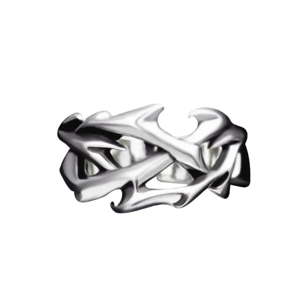 Copper geometric thorn flower ring with adjustable opening on finger