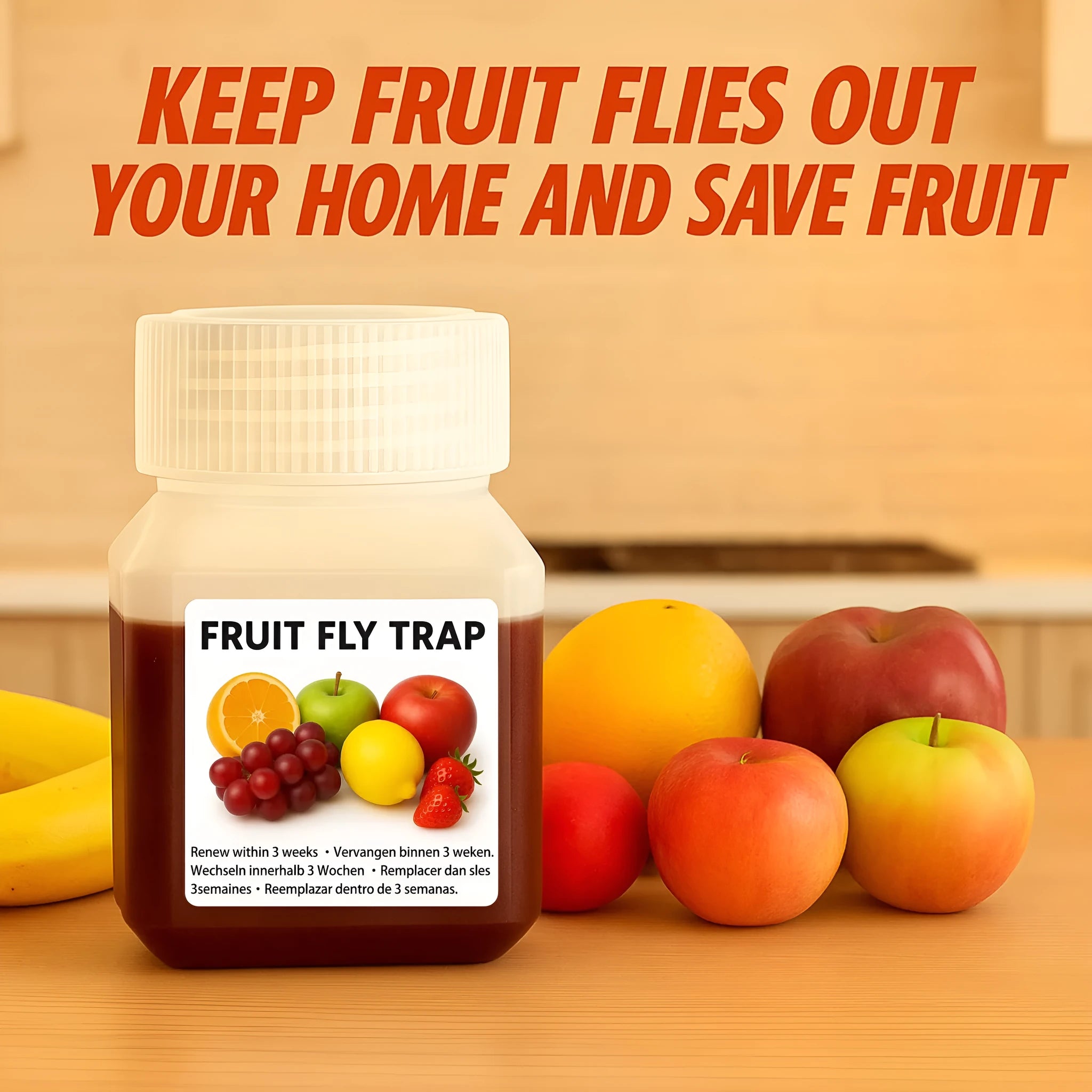 Bottle of fruit fly bait liquid for trapper station refill with SK003 specification options