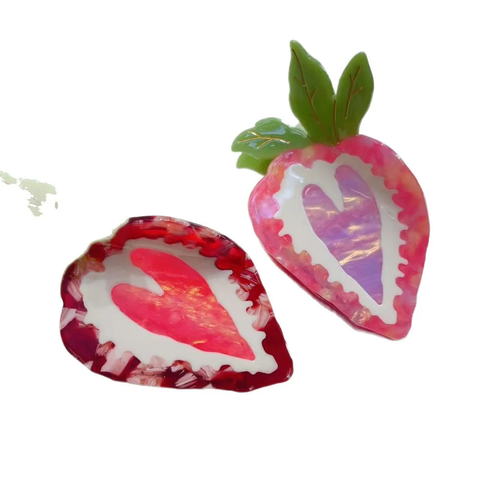 Handmade red and pink strawberry fruit hairpin for girls, a pastoral style decorative hair clip.