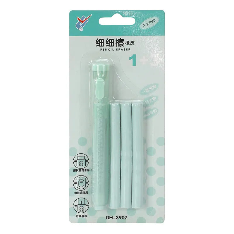 Push type children's automatic eraser in blue, green, pink, and purple colour options