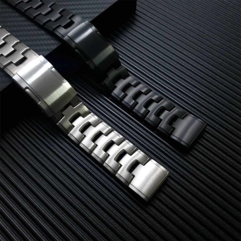 Garmin Fenix smartwatch replacement strap in silver, black and titanium colour options showing 22mm and 26mm width sizes