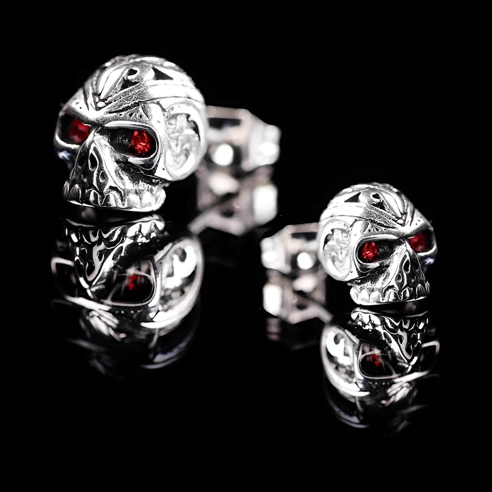 Red eye ghost skull stud earrings with electroplated alloy and artificial gemstone inlay