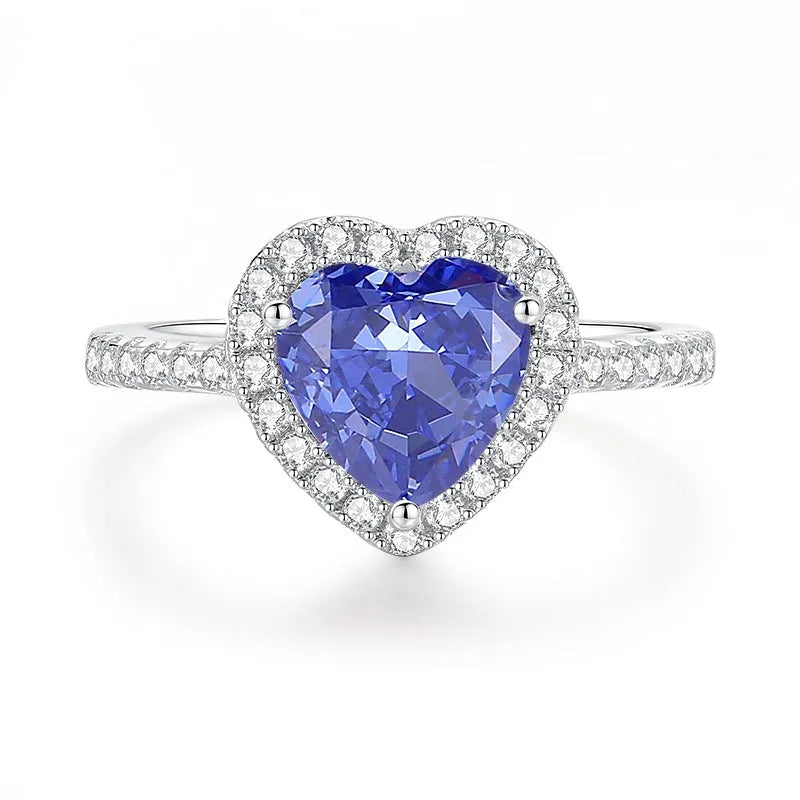 Heart-shaped high carbon diamond ice flower cut colour zircon stone set in a women's 925 sterling silver ring.