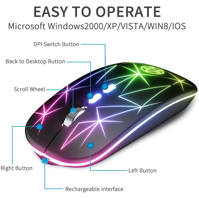 Wireless Bluetooth mouse with luminous charging and metal roller in various colour options