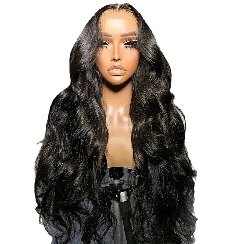 Black synthetic lace front wig with large wavy curls on a wig stand.