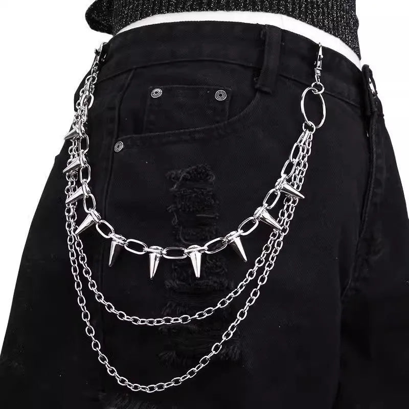 Silver metal alloy trousers chain with rivet and zipper punk detailing, 115cm length