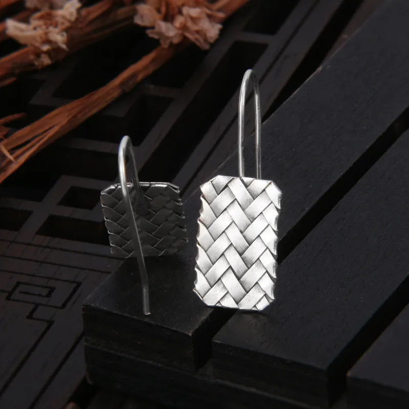 925 silver geometric woven diamond plaid earrings measuring 17.5mm x 11mm