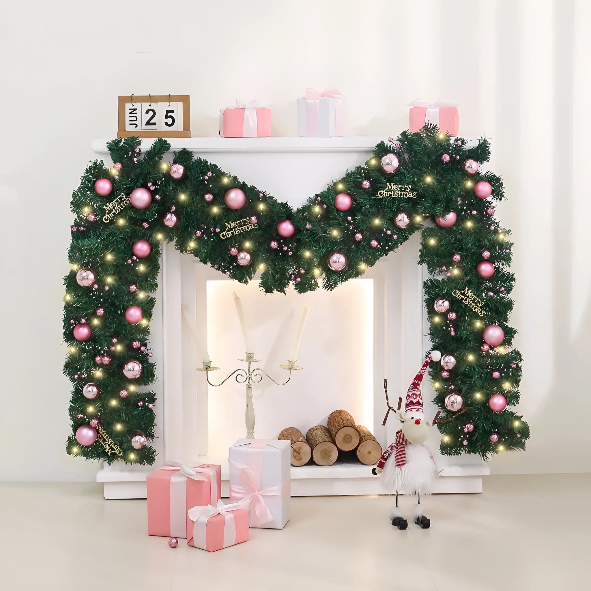 2.7 metre pink Christmas rattan wall decoration with 240 LED lights and wrought iron frame