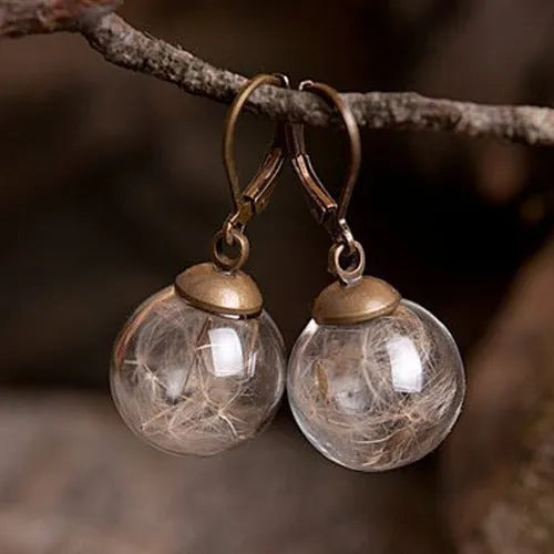 Transparent glass ball earrings with dandelion seed crystal design in silver and bronze finishes