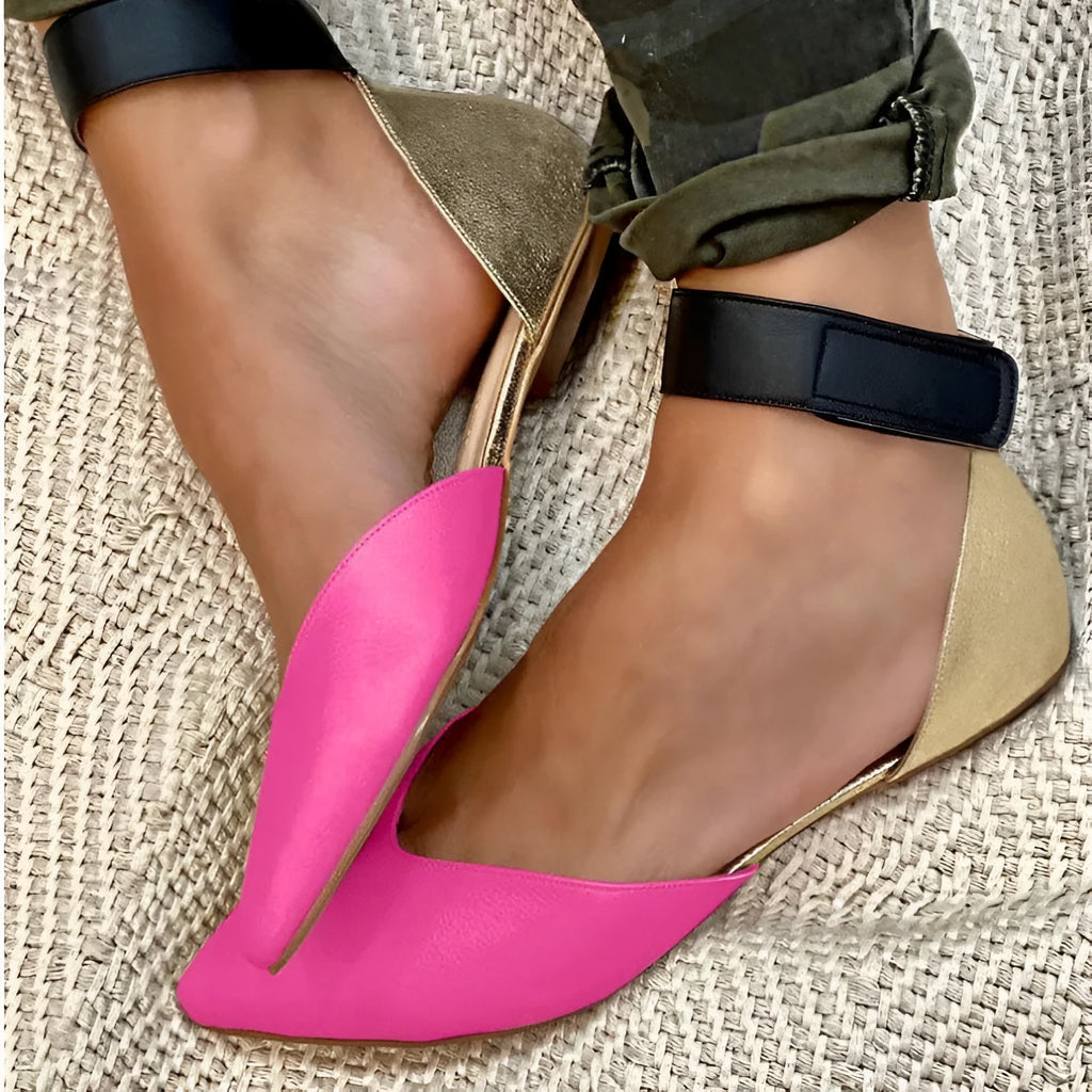 Women's velcro fasten hollowed sandals in beige with flat heel