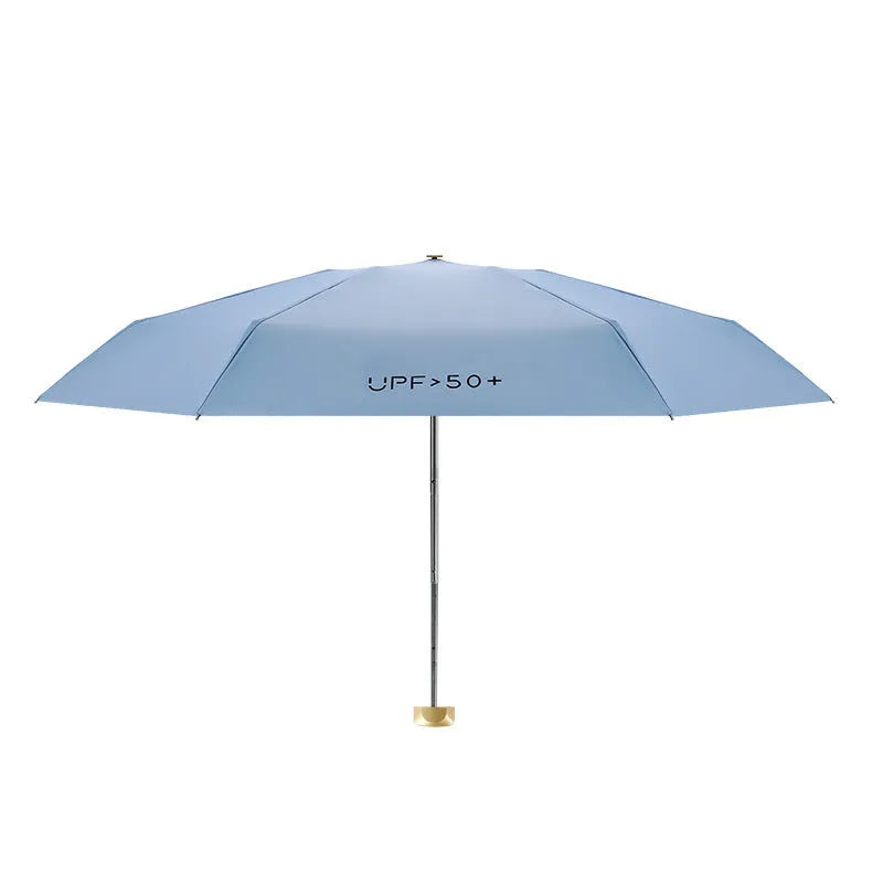 Closed five-fold mini pocket sun umbrella with alloy frame and rubber handle, shown in a selection of available colours.