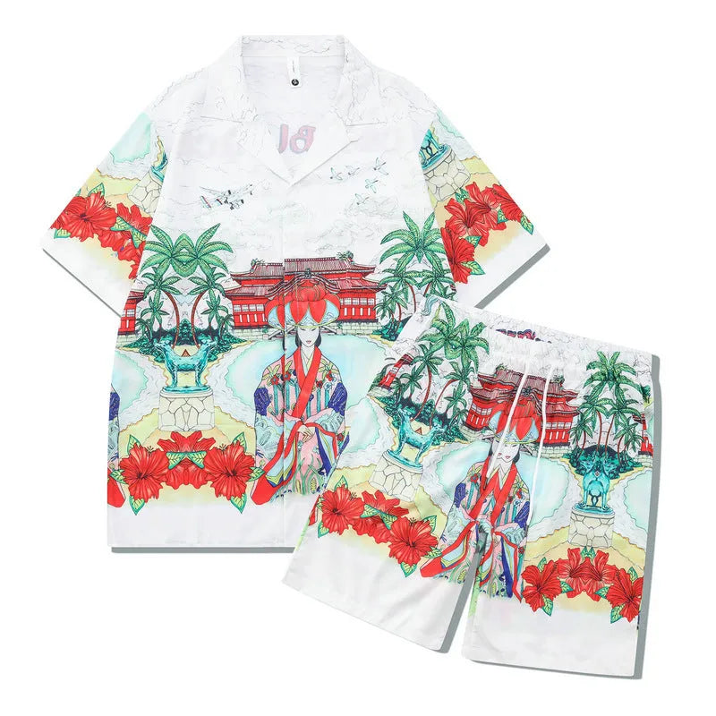 Men's plaid print polyester beach shirt and matching trousers casual outfit set.