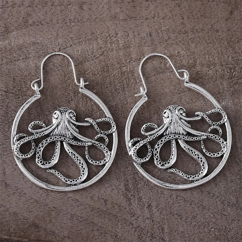 Octopus earrings antique silver finish zinc alloy electroplated retro style