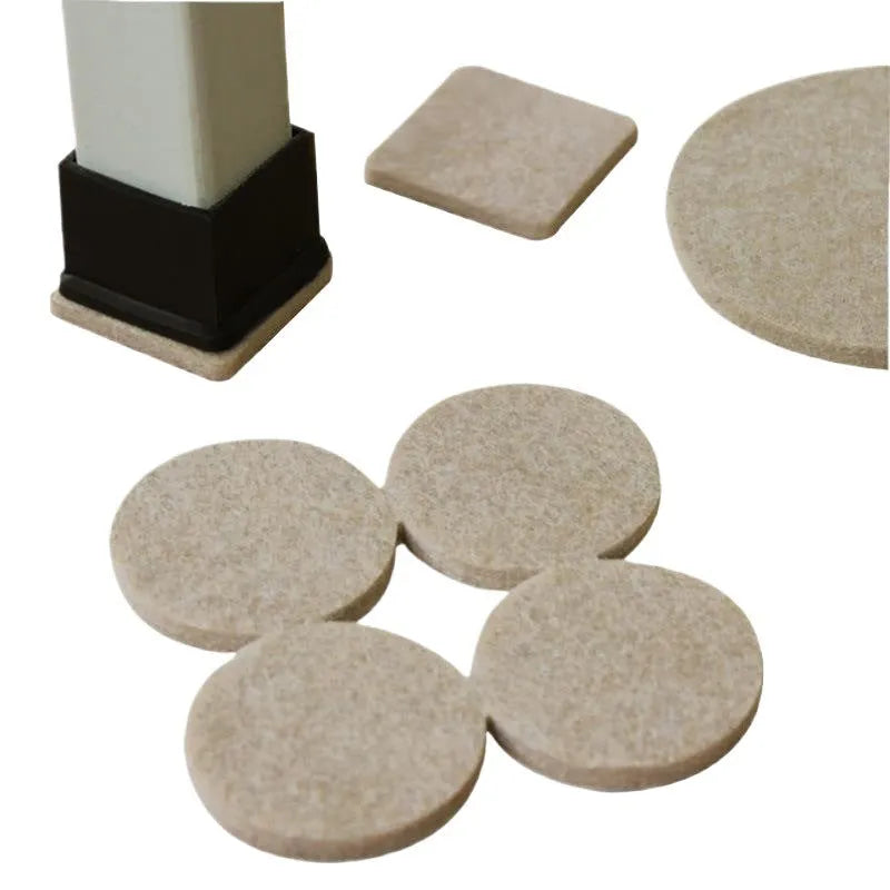 Beige plastic furniture leg protectors in round and square shapes with multiple size options